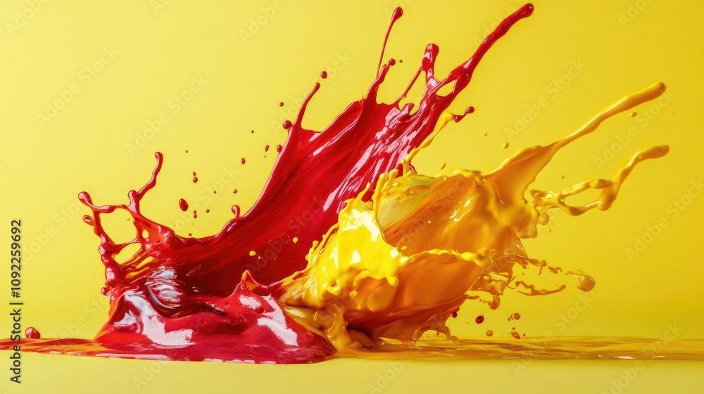 Poster vibrant splashes of red and yellow paint on bright background showcase dynamic movement and artistic
