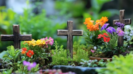 Easter Resurrection garden featuring wooden crosses surrounded by vibrant flowers and lush greenery celebrating the Christian resurrection theme.