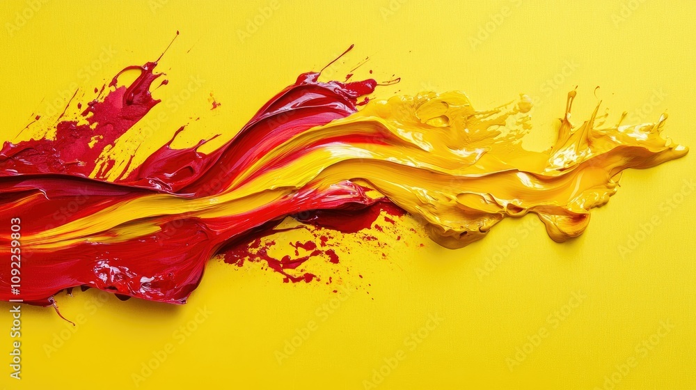 Poster vibrant flow of red and yellow paint on bright yellow background creating a dynamic abstract art exp