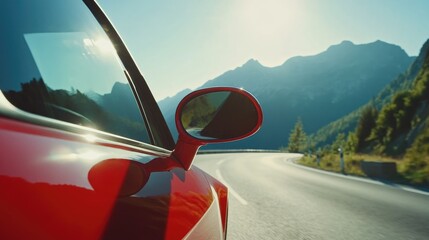 Reflective car wing mirror capturing majestic mountains and bright sunlight on a scenic winding countryside road during a road trip.