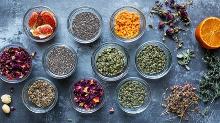Fototapeta premium Assorted vegetable seeds, dried fruits, and kitchen herbs arranged in bowls on a table, showcasing ingredients for a healthy vegetarian and vegan diet.
