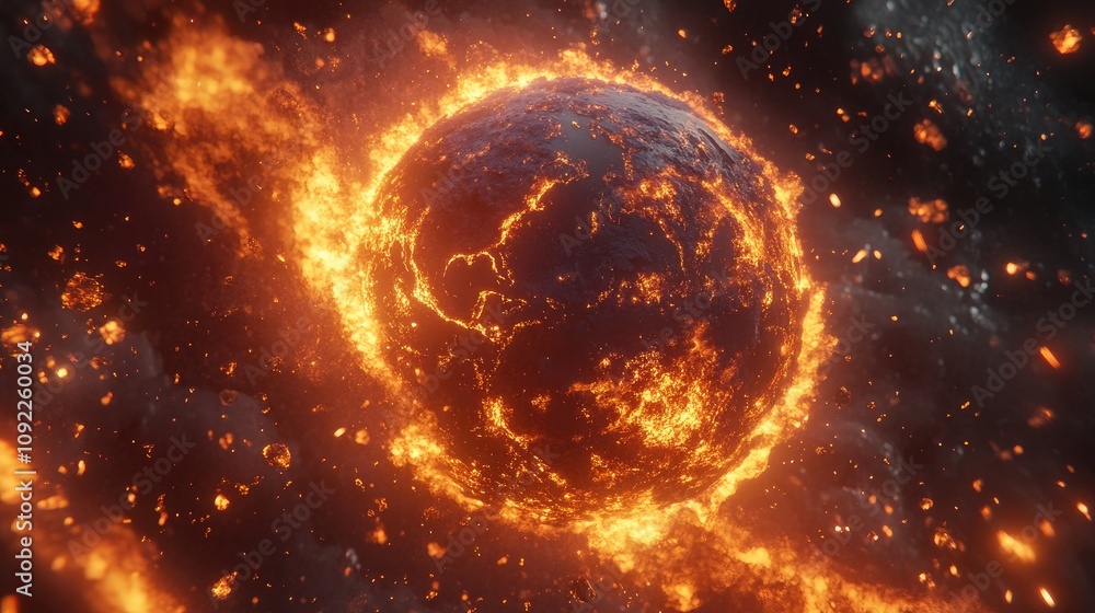 Poster dramatic burning planet surrounded by fiery debris in a cosmic scene of explosive chaos and dynamic 
