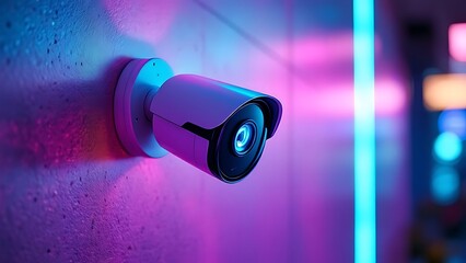 A modern security camera mounted on a wall, illuminated by colorful lights, emphasizing surveillance technology and contemporary design.