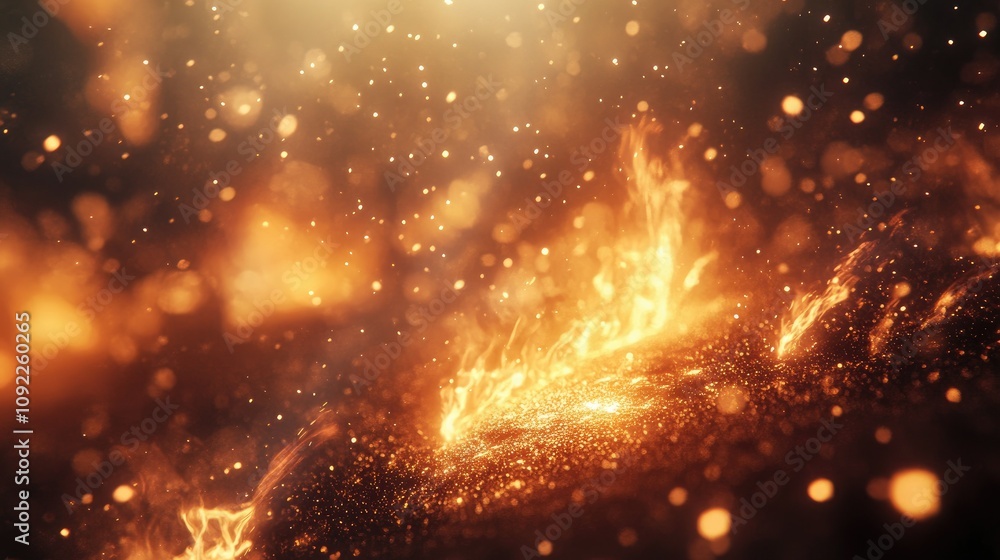 Poster glowing flames with sparkling particles illuminating a dark background, creating a dramatic and myst