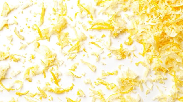 Freshly grated lemon zest scattered on a clean white background, showcasing vibrant yellow shavings and texture for culinary use.