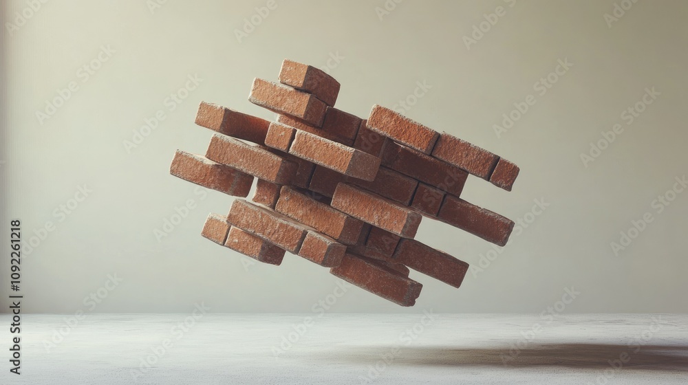 Poster floating red bricks in creative composition spotlighting gravity defiance and artistic innovation in