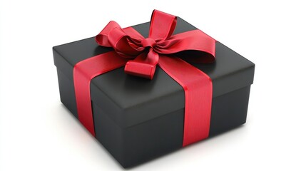 Obraz premium Elegant black gift box adorned with a vibrant red ribbon, ideal for Black Friday sales and suitable for Christmas, New Year, or birthday celebrations.