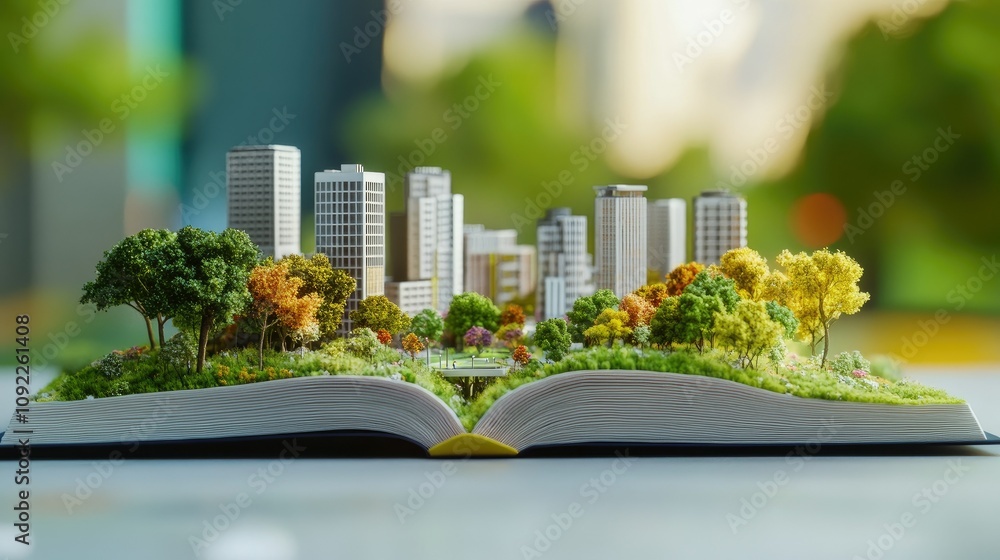 Poster a creative representation of urban development with a miniature city scene emerging from an open boo