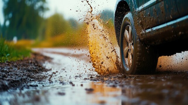 Rear wheel of a vehicle splashing muddy water on an unpaved road after heavy rain, capturing dynamic motion and rural scenery.