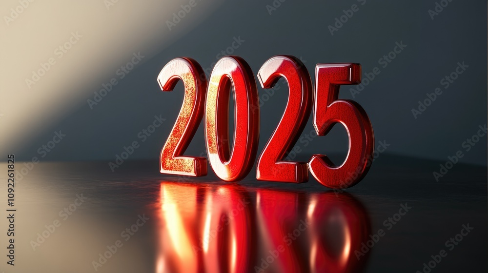 Aufkleber stylish and modern number 2025 in red color reflecting on a table surface with dramatic lighting cre