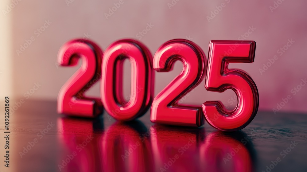Poster bright and bold 2025 numbers reflecting light on a glossy surface with soft background emphasizing n
