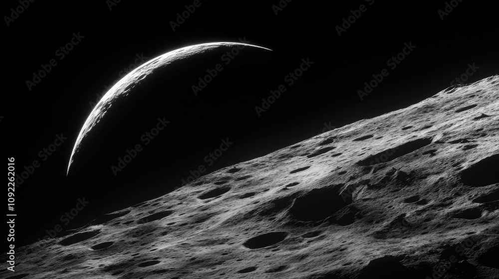Poster ethereal view of a celestial body's surface with craters against the background of a distant planet 
