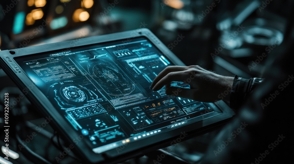Poster futuristic interface hand interacts with advanced technology screen