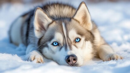 Naklejka premium Husky dog lying in snow with captivating blue eyes and thick fur, highlighting its unique features and serene expression.