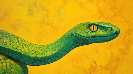 Vibrant Green Snake Portrait Against Bold Yellow Background, Capturing the Essence of Nature with Detailed Scales and Striking Eyes