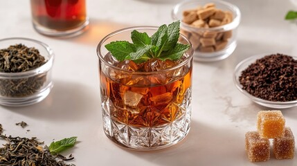 Fototapeta premium Black tea with ice in a crystal glass garnished with fresh mint leaves, surrounded by loose tea blends and brown sugar cubes on a marble countertop.