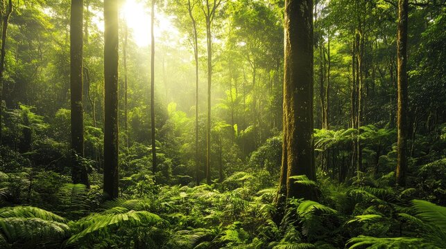 Lush rainforest landscape in Bunya Mountains with towering trees and sun rays filtering through dense foliage creating a serene atmosphere.