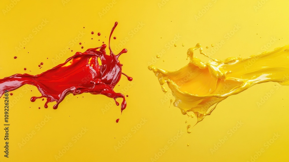 Poster vibrant splashes of red and yellow paint on bright yellow background capturing dynamic motion and en