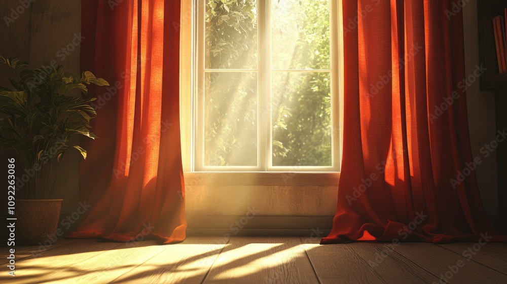 Poster sunlight streams through open window with red curtains, illuminating indoor space and creating warm 