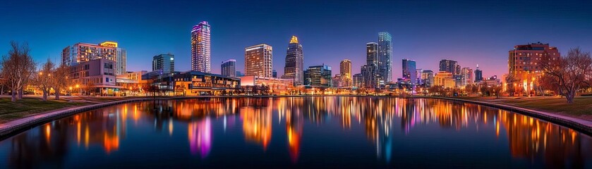 Fototapeta premium Nighttime urban skyline with a vibrant river reflection