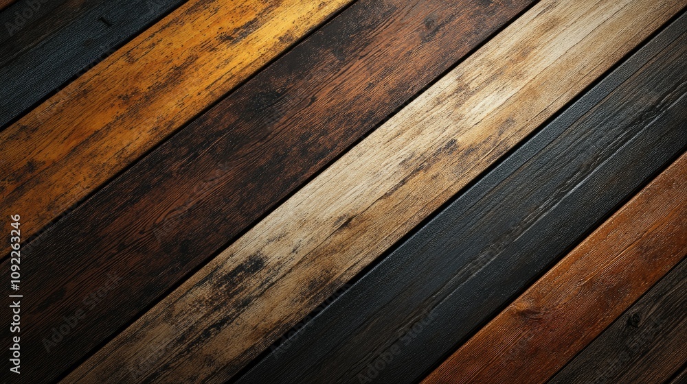 Poster textured wooden planks in various tones arranged diagonally on the surface, creating a rustic and wa