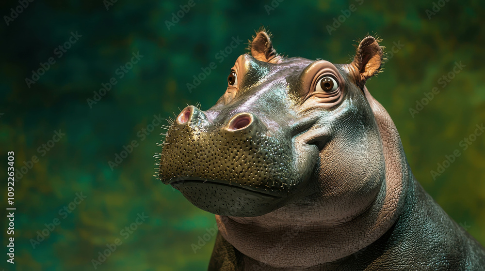 Poster lifelike animated hippo with realistic skin textures displaying charming expression in a vibrant aqu