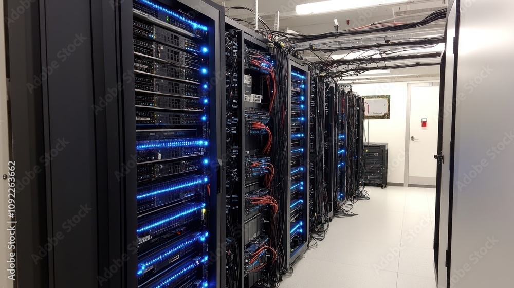 Poster modern data center server racks with blue lights