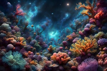 Obraz premium A cosmic reef where coral and seaweed are infused with galactic colors and star like patterns, Ai Generated