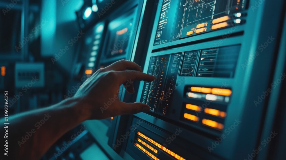 Aufkleber hand interacting with futuristic control panel interface