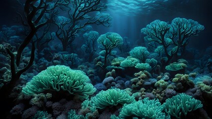 Obraz premium A deep sea coral forest glowing in bioluminescent blues and greens, AI Generated