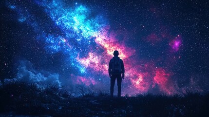 Fototapeta premium A Man Standing Against a Stunning Cosmic Backdrop of Vibrant Colors and Infinite Stars, Evoking Themes of Exploration and Wonder in the Universe