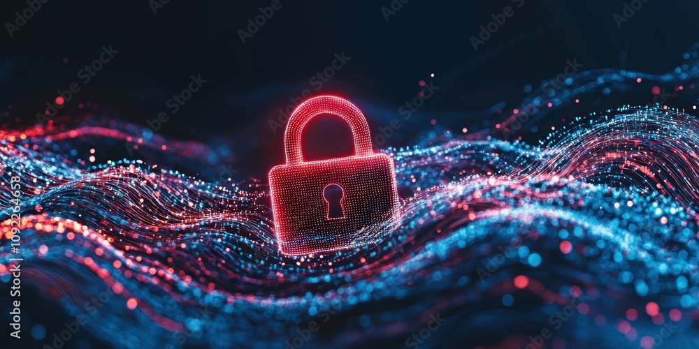 Poster digital security action abstract background featuring glowing red padlock virtual environment techno