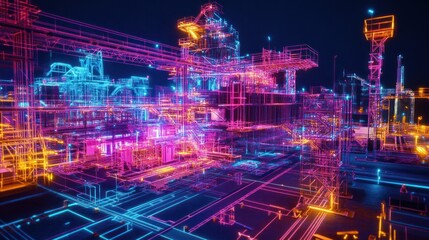 Obraz premium Neon-lit industrial complex, futuristic digital rendering.