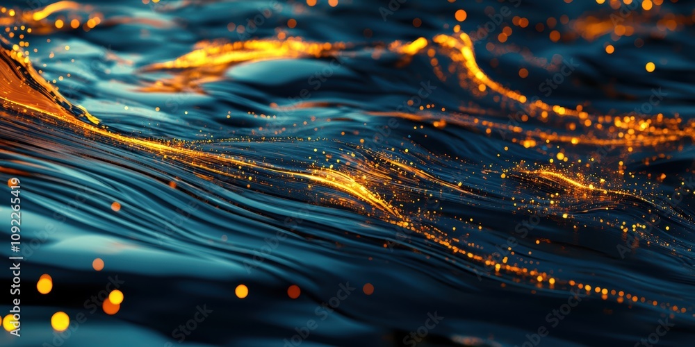 Poster dynamic abstract water torrent with glowing elements digital art deep blue tones close-up view for c
