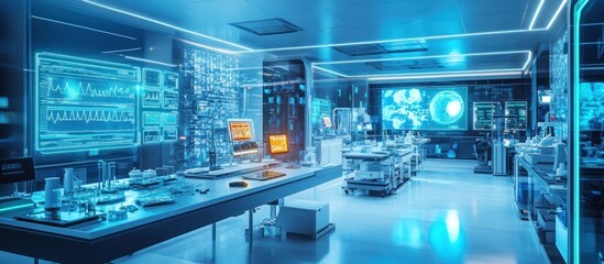 Futuristic medical lab with advanced technology and holographic displays.