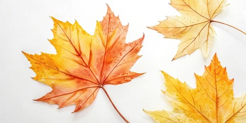 Fototapeta premium Yellow and orange watercolor maple leaf illustrations on a white background with delicate brushstrokes, yellow, watercolor, creative, maple, leaves
