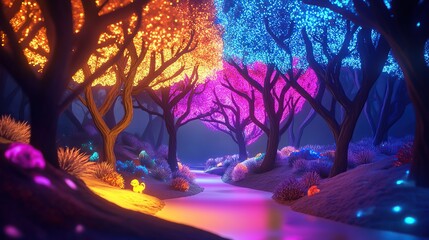 Fototapeta premium Glowing trees and stream in a vibrant fantasy forest.