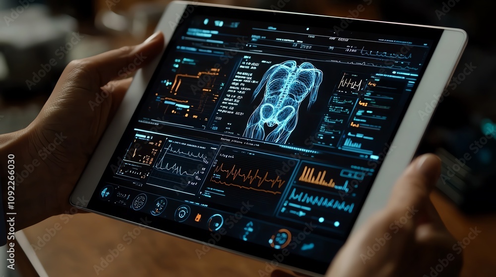 Poster hands holding a tablet displaying advanced medical monitoring graphics and data.