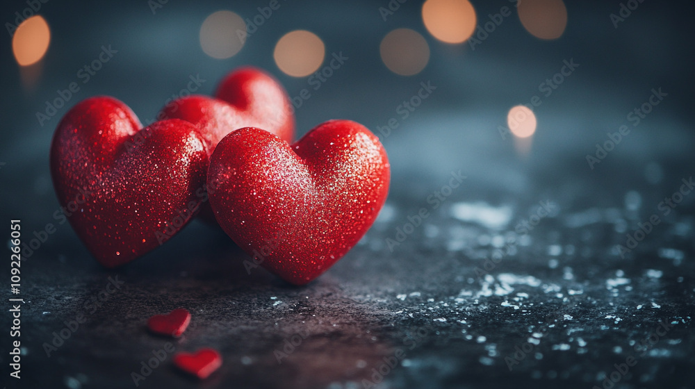 Poster sparkling red hearts create a romantic atmosphere with soft bokeh background
