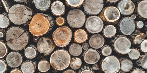 Stacks of lumber. Stacked Wood Logs Pattern Background. Pile of natural wooden trunks. Logging, deforestation, environmental issues. Forest pine and spruce trees. Log pile, lumbering timber industry