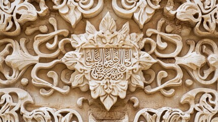 Intricate stone carving with floral and calligraphic motifs.