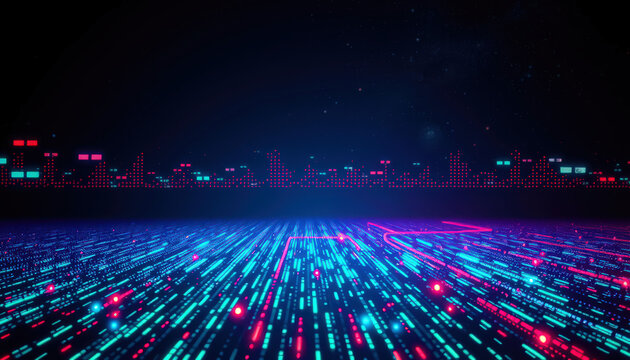 Shiny Red, Blue, and Cyan Digital City with Tech Elements
