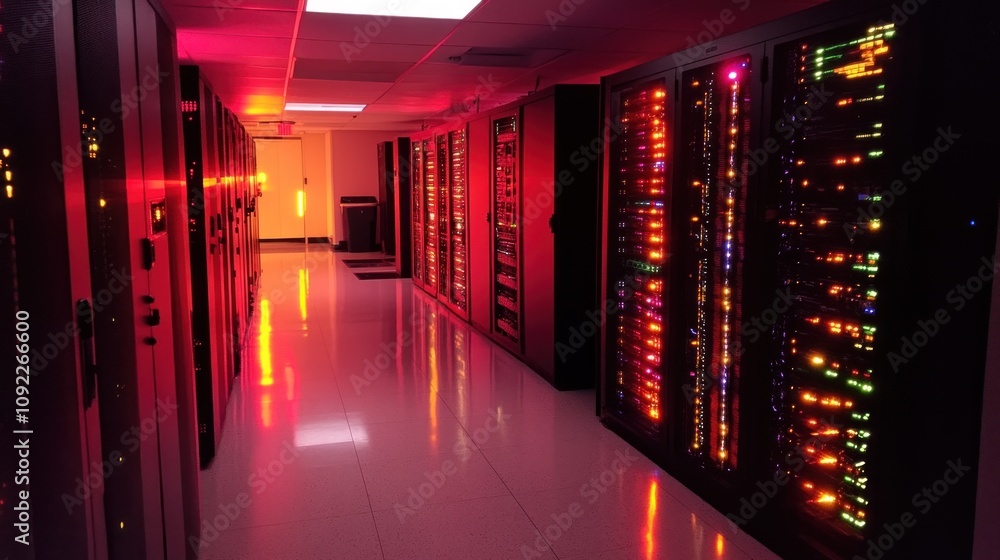 Poster illuminated server room rows of network equipment