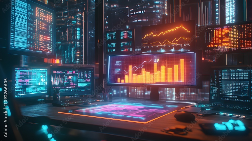 Poster a workspace showing 3d glowing financial growth indicators alongside 2d visual pathways for digital 