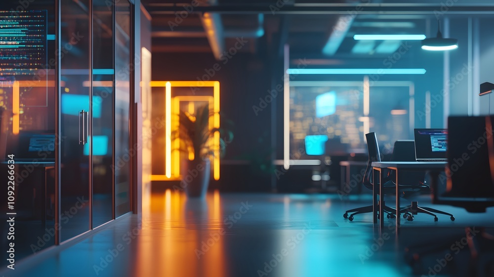 Poster a futuristic corporate office integrating 3d glowing team collaboration models and 2d floating proje