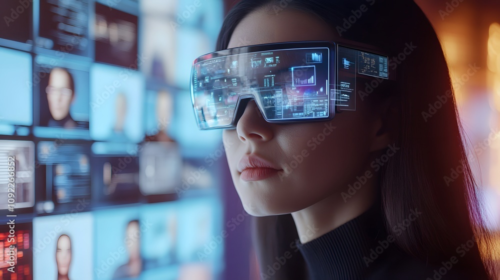 Poster a person using augmented reality glasses to join a virtual meeting, surrounded by 3d holographic att