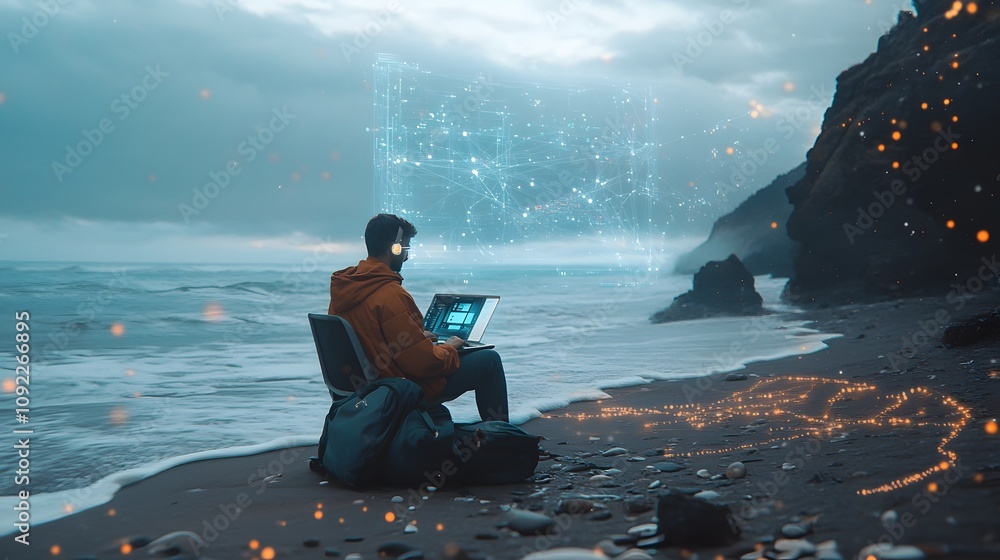 Poster A digital nomad working on a remote beach, with 3D holographic data visualizations and 2D communication threads connecting them to a team. 4k resolution, Cinematic Scene