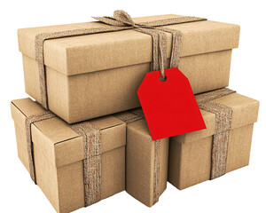 a stack of boxes tied with a red tag