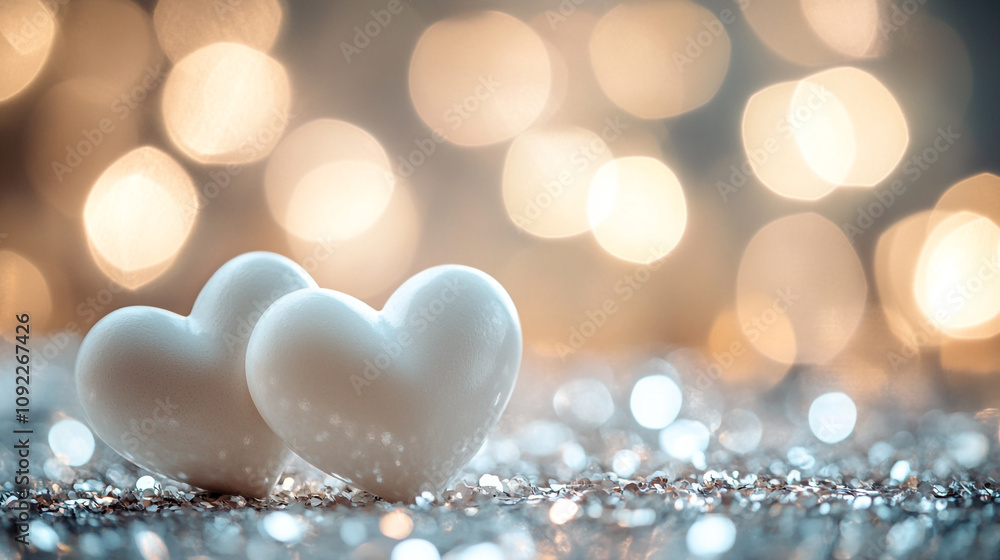 Poster white hearts resting on a sparkling surface with a soft blurred background