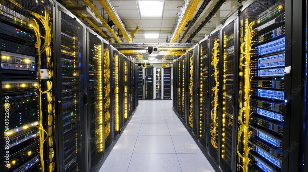 Poster data security measures server room technology infrastructure modern environment wide-angle view cybe